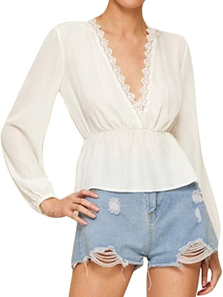 Pinklu Lange Armel Damen Solid Oberteil Tiefes Sweatshirt Mit V Ausschnitt Chiffon Bluse Spitze Longshirt Open Back Hemd Langarm T Shirt Fashion Top Ausschnitt Tunika Weiss Pullover Amazon De Bekleidung
