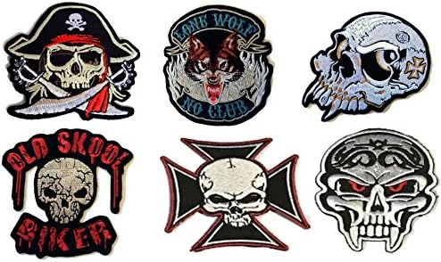 Super Cool &amp; Unique Set 6 Various Skull Skeleton Head w/ Cross Designs pcs. of Over 80% Embroidered Patches Applique Badge Adhesive Arrt Craft Sew Iron On Jacket Hat Bag Cap Jeans