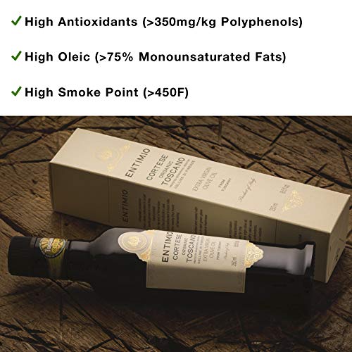 Entimio Cortese | Delicate Organic Olive Oil Extra Virgin | 2018 Harvest Italian Olive Oil from Italy, Tuscany, 2019 Gold Award | First Cold Pressed, Rich in Antioxidants | 16.9 (2 x 8.5) fl oz