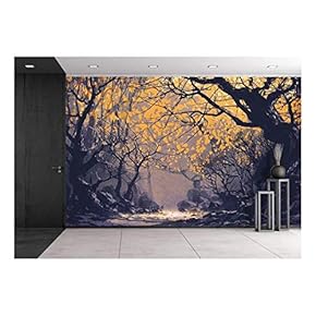 Night Scene of Autumn Forest,Landscape Painting - Removable Wall Mural | Self-Adhesive Large Wallpaper - 66x96 inches