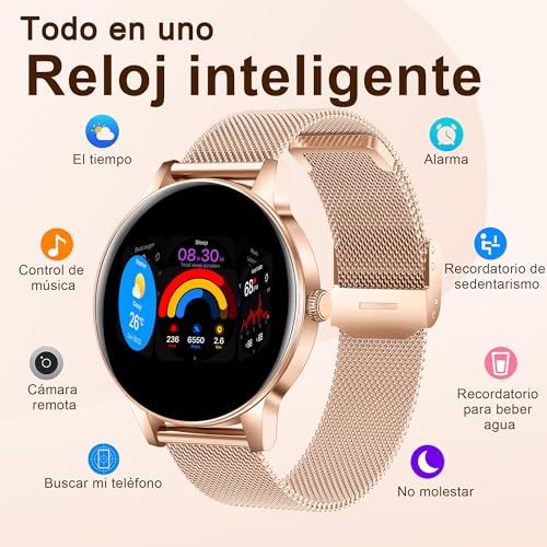 Fitdafit Reloj Inteligente Mujer, 1.27" HD Smartwatch Mujer con Llamadas Bluetooth, IP68 Impermeable Smart Watch con Monitor Sueño, Podómetro, Pulsómetro, 110+ Deportes Relojs Salud para Android iOS