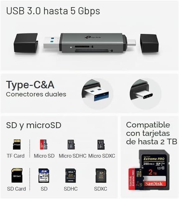 UA430D - Lector de Tarjetas USB, 5 Gbps, Plug & Play, SD y microSD