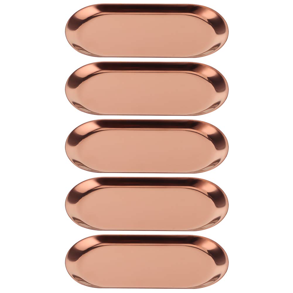 5PCS Oval Shaped Serving Tray, Stainless Steel Platter Bathroom Sink Vanity Trays Cosmetics Jewelry Organizer Towel Tray(Rose Gold)