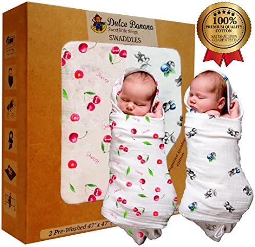 100% Cotton Muslin Swaddle Blanket. Perfect for Your Baby &amp; as a Baby Shower Gift. Extra Large Unique Design Comfortable, Soft, Breathable &amp; Delicate swaddling blanket (Cherries &amp; Blueberries)