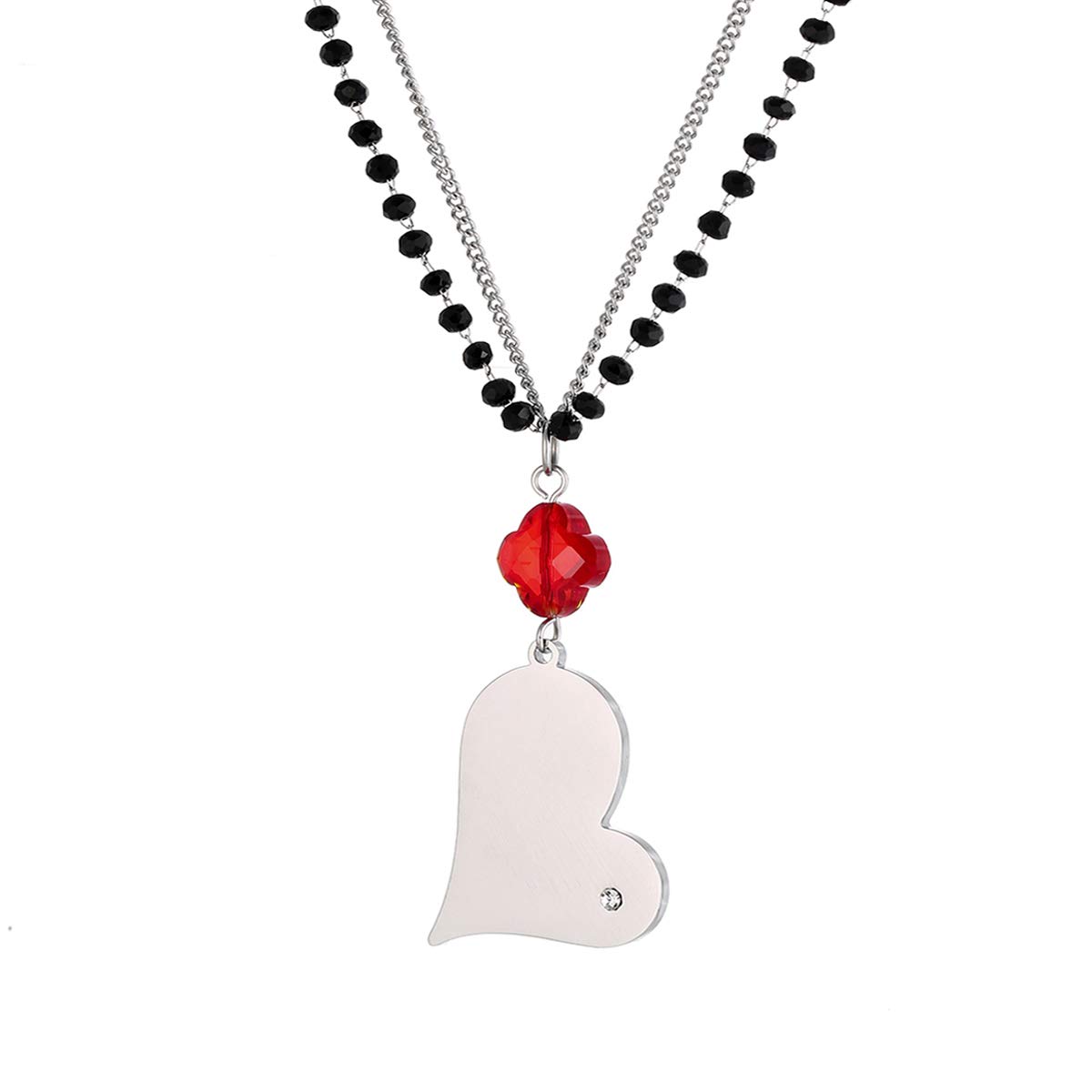 Fashion Jewelry Double Chain Love Pendant Necklace, Stainless Steel Chain Beads with Unique Red Crystal Women Necklace The Great Gift to Your Lover
