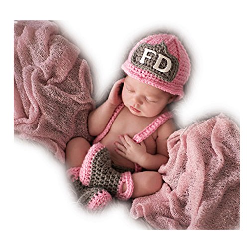 Baby Photography Props Handmade Crochet Knit Fireman Caps Pants Shoes Photo Costume Prop
