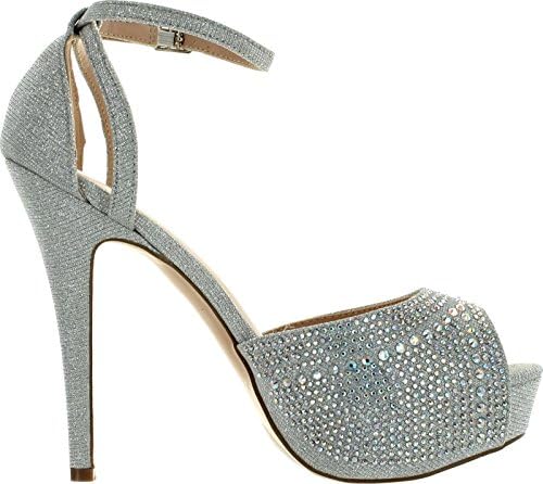 DeBlossom Blossom Womens Vice-126-233 Bridal Formal Evening Party Ankle Strap High Heel Peep Toe Glitter Sandal