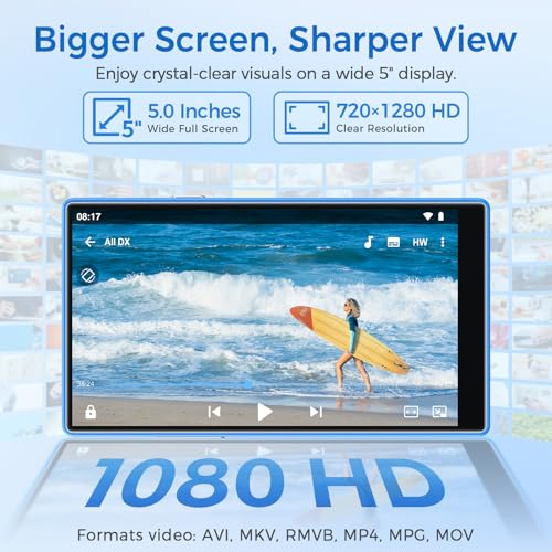 AGXOV Lettore MP3 con Wi-Fi & Bluetooth, 5 Pollici Touchscreen MP4 Player, 96GB Lettore Musicale Android con Spotify, Amazon Music, Deezer, Radio FM, Registratore Vocale, E-book Reader, Blu & Bianco