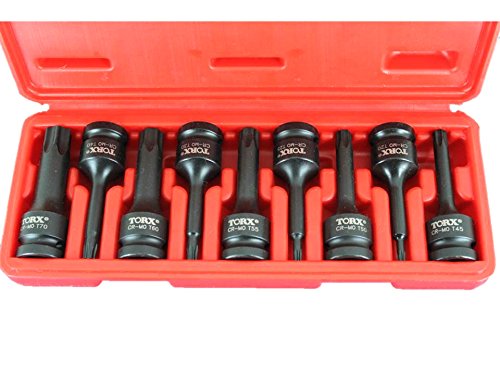 TEMO 9 PC 3 inch (76mm) Long Torx Star 6 point Black Impact Bit Socket Auto Repair Tool Set 1/2 inch (12.7mm) Square Drive
