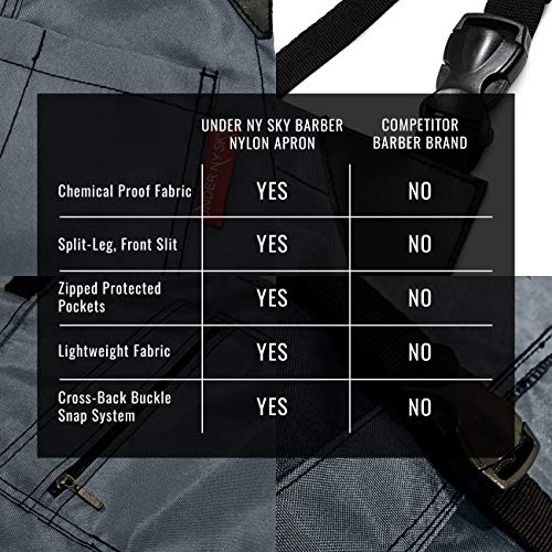 Under NY Sky Cross-Back Barber Gray Apron - Heavy-Duty Nylon, Water and Chemical Resistant, Zipped Pockets, No-Tie, Split-Leg - Adjustable for Men, Women - Pro Hair Stylist, Salon, Colorist, Artist - Thumbnail 5