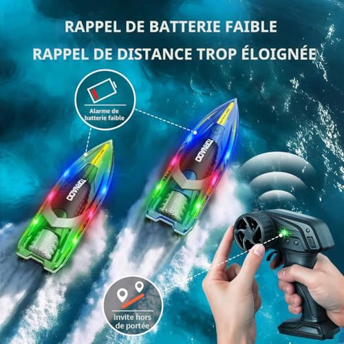 RC Fast RC Boat - 2.4GHz Waterproof Dual RC Boat Set with LED Double Propeller, Automatic Flip 2 Speed, 4 Batteries, for Kids Adults, Swimming Pool and Lake