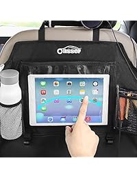 Oasser tapete de fuerza, protector para asiento trasero de auto 2 XL, con 1 caja para pañuelos, con soporte para iPad de 10 pulgadas transparente y 3 organizadores de almacenamiento grandes