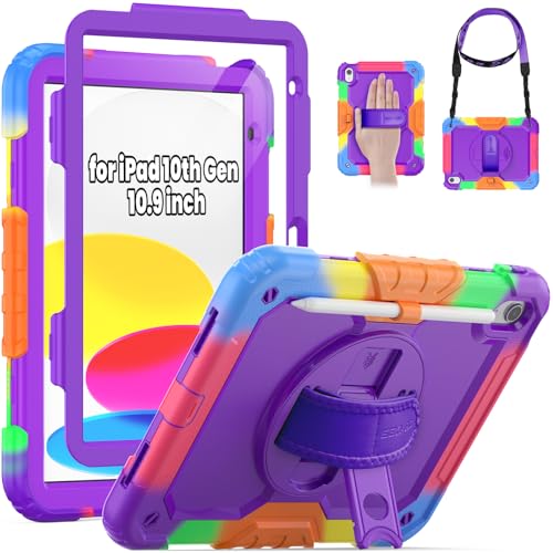 SEYMAC Hülle für iPad (A16) 11./10. Generation 11/10,9 Zoll 2025/2022, Stoßfeste Hülle mit Displayschutz, 360° Drehbare Ständer/Handschlaufe, Schultergurt, Stifthalter, Lila Tarnung