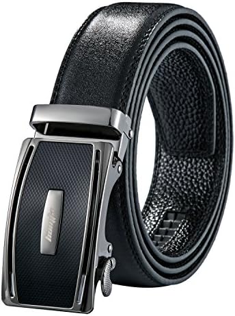 Leather Belts for Men with Automatic Buckle Ratchet Slide Holeless Black Long 52