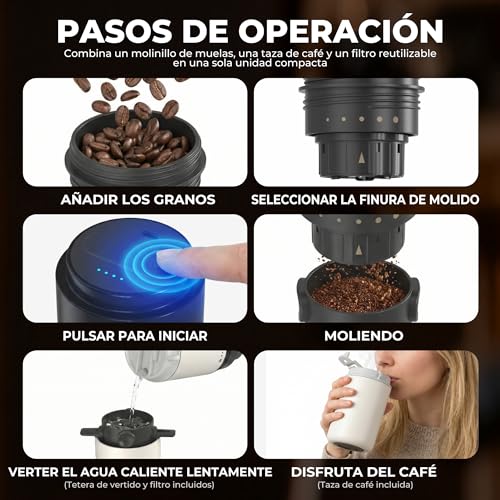HAUSHOF Portable Cordless Electric Coffee Grinder with Double Thermal Cup 700ml, 5 Adjustable Grinding Levels, All-in-One Pour Coffee Maker for Camping, Outdoor Travel, RV and Office