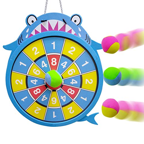 WEY&FLY Sticky Darts Board Set, Novelty Fabric Shark Dart Board Double-Sided Ball Board Game with 4 Soft Balls Safe for Kids Fun for Adults