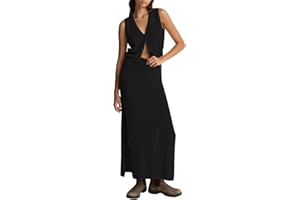 Pink Queen Women's Summer 2 Piece Outfit Set V Neck Button Crop Tank Top Vest Bodycon Maxi Long Skirt Waffle Knit Dress