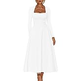 Kaximil Women's Long Sleeve Square Neck Corset A Line Maxi Dress Ruffle Flowy Formal Long Dresses, X-Large, White
