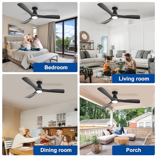 Depuley 52 Inch Ceiling Fans with Lights: Low Profile Recessed Black Ceiling Fan - Silent and Dimmable DC Motor Fan with Remote Control APP Timer