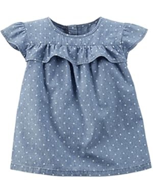 Girl Cap Sleeve Polka Dot Chambray Top; Blue