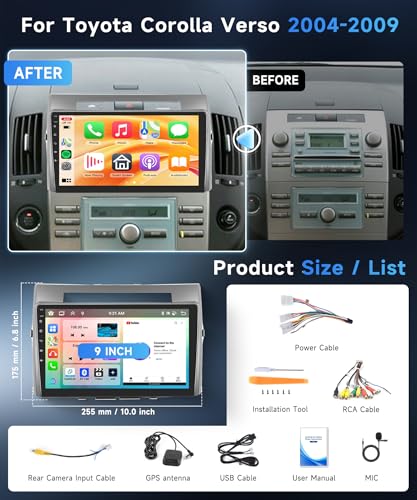 6G+128G 8 Cores Android Car Radio for Toyota Corolla Verso 2004-2009 9'' Touch Screen Stereo Auto Carplay Android Auto Wireless Mirror Link Bluetooth FM/RDS/EQ/DSP WiFi GPS SWC Reversing Camera