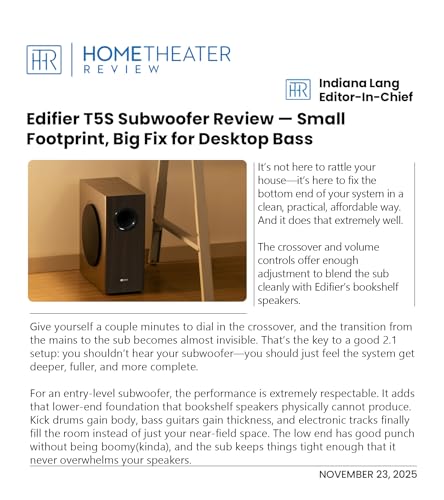 Edifier T5s Powered Active Subwoofer with 70W RMS, 8" Long-Throw Woofer, Deep Bass (35Hz) Speaker, Built-in Amp, Low Distortion, Phase Selector & Energy-Efficient for Home & Studio Audio, Black