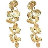 Gold Floral Clip On Earrings for Women Trendy Flower Dangle Drop Earrings Vintage Non Piercing Ear Jewelry