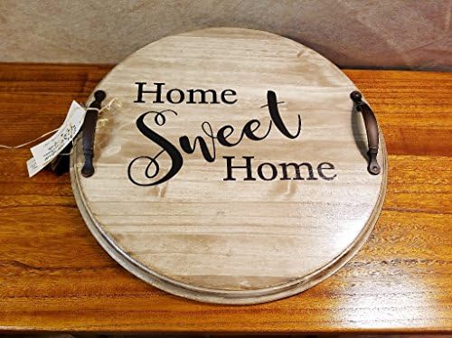 Round Wood Serving Tray With Handles Home Sweet Home Distressed Beige Black Lettering 17.5 Inches Round