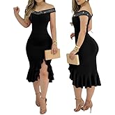 Ninimour Women Off Shoulder Party Dress Rhinestone Decor Slim Fit Ruffles Split Hem Cocktail Club Midi Dresses
