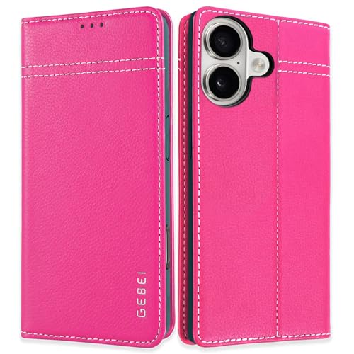 Gebei Hülle Echt Leder für iPhone 16 Plus (6,7") - Premium Echte Lederhülle mit Standfunktion Kartenfach Magnetverschluss Flip Case Ledertasche Handyh