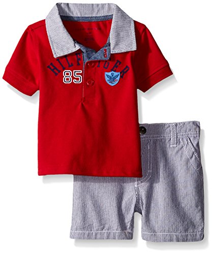 Tommy Hilfiger Baby Boys' Pique Polo Shirt with Woven Collar and Stripe Shorts, Red, 3-6 Months