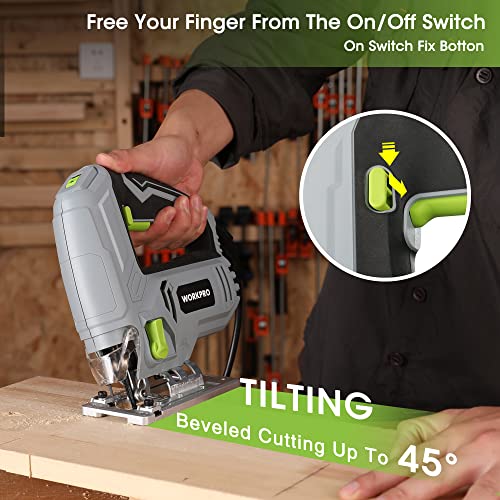 WORKPRO 600W Jig Saw, 6 Speeds and 7 Blades Included | Electric Jig Saw with 4 Orbital Positions, ±45° Cutting and Integrated Dust Blowing Function