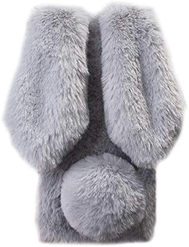 HongHushop Cute Rabbit Case Plush Cover for Samsung Galaxy Note 4 Case Super Soft Warm Fluffy Furry Bunny Ears Shockproof Back Case Cover Chic Bling Crystal Diamond Bowknot Case -Light grey