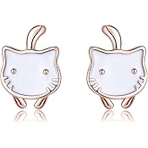 SLUYNZ 925 Sterling Silver Cute Cat Studs Earrings for Women Teens White Cat Earrings Studs Cat Gift for Cat Lovers