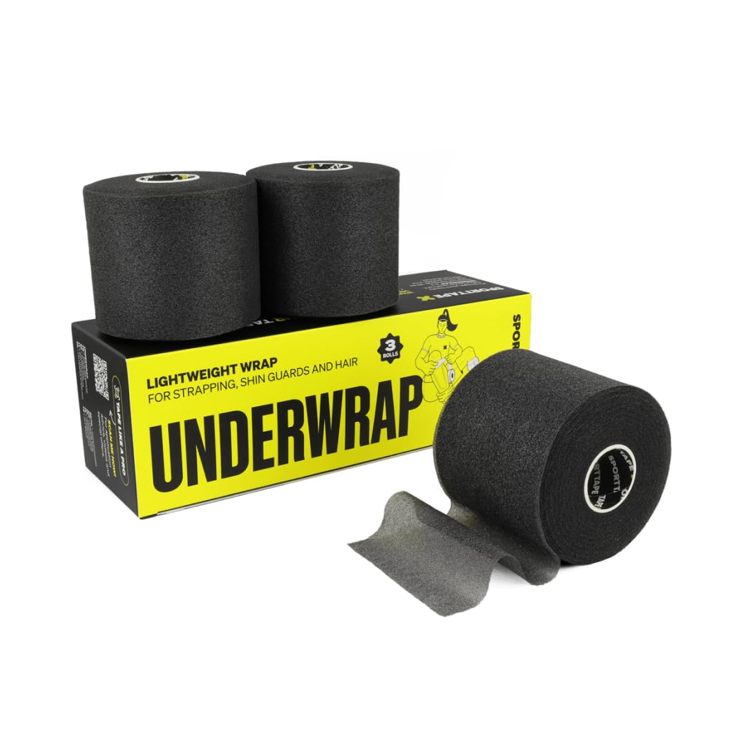 3 Rolls - SPORTTAPE Soft Foam Underwrap - Black - 7cm x 27m | Pre Wrap Sports Tape - Thin, Non-Adhesive, Hypoallergenic, Protective Foam Wrap | Football Hair Band & Shin Guard Tape