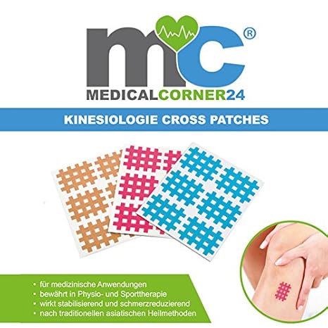 Medicalcorner24® Kinesiologie Gittertape 102 Stück, Cross-Patches, Cross Tape in versch. Größen und Farben, Beige, Blau, Pink