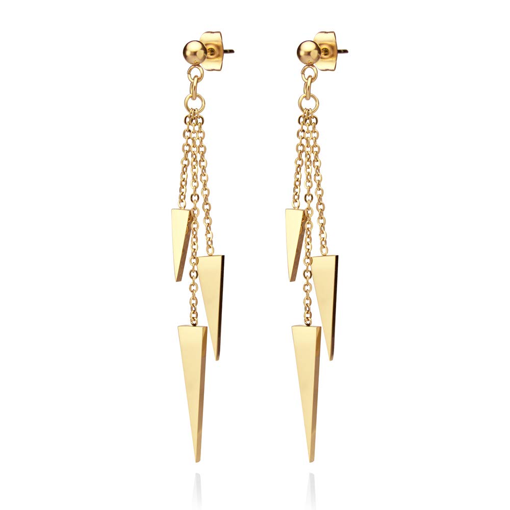 555Jewelry Womens Stainless Steel Triple Triangle Dangle Stylish Chain Chandelier Edgy Drop Post Stud Push Back Ladies Party Jewelry Fashion Accessory Earrings, Yellow Gold