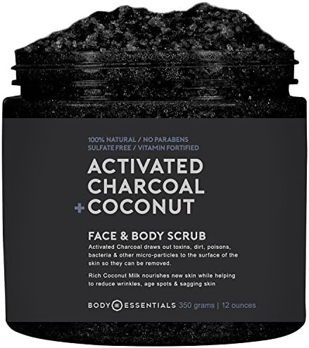 Body Essentials Activated Charcoal &amp; Coconut Scrub - Remove Dirt &amp; Toxins - Renew &amp; Nourish Skin - Coconut Milk - Dead Sea Salt - 100% Natural Ingredients - Paraben/Sulfate Free