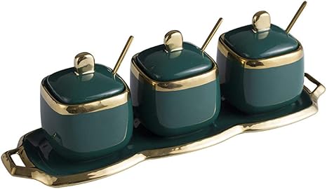 Amazon Hld セラミック調味料の瓶スリーピースの調味料の瓶調味料ボックスライトラグジュアリープノンペンエメラルドキッチンソルトシュガーボウル用品 調味料入れ 調味料入れ オンライン通販