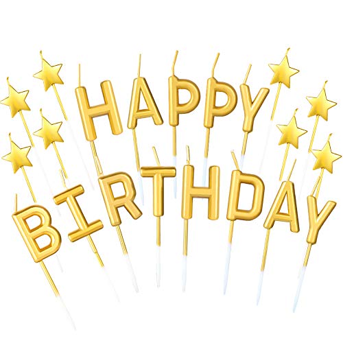 DaveandAthena 21 Pieces Gold Happy Birthday Candles Star Birthday Cake Toppers Metallic Birthday Letters Candles for Birthday Wedding Party Cake Decoreations