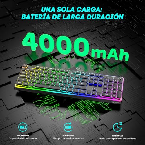 Free wolf M104 Teclado Inalámbrico RGB, Teclas Silenciosas para Conectividad 2.4G/Bluetooth/USB con Cable, Resistente Derrames, Teclado Recargable de Tamaño Completo 104 Teclas para PC y Mac (Negro)