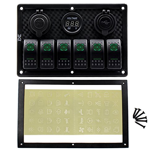 FXC Waterproof Marine Boat Rocker Switch Panel 6 Gang With Dual USB Slot Socket + Cigarette Lighter + Digital Voltage Display LED Light for Car Rv Vehicles Truck (6 Gang Green Light) - Thumbnail 3