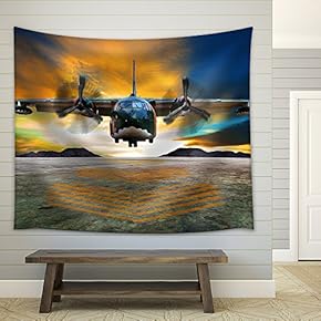 Military Plane Landing on Airforce Runways Against Beautiful Dusky Sky - Fabric Wall Tapestry Home Decor - 51x60 inches