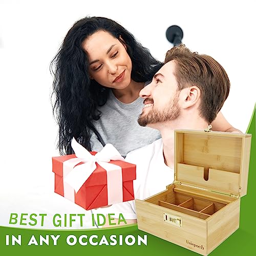 Uniepoch Stash Box with Combination Lock, Bamboo Storage Box Kit with 3pcs Smell-Proof Glass Jars, 2pcs Storage Tubes & 1pc Cleaning Brush, Large Stash Box with Rolling Tray