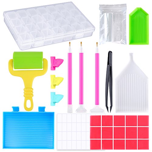 PP OPOUNTÂ 50 Pieces DIY Diamond Painting Cross Stitch Tool Including Diamond Stitch Pen, Diamond Painting Plastic Roller, Drill Pen Grips, Plastic Tray and Diamond Embroidery Box for Arts Craft