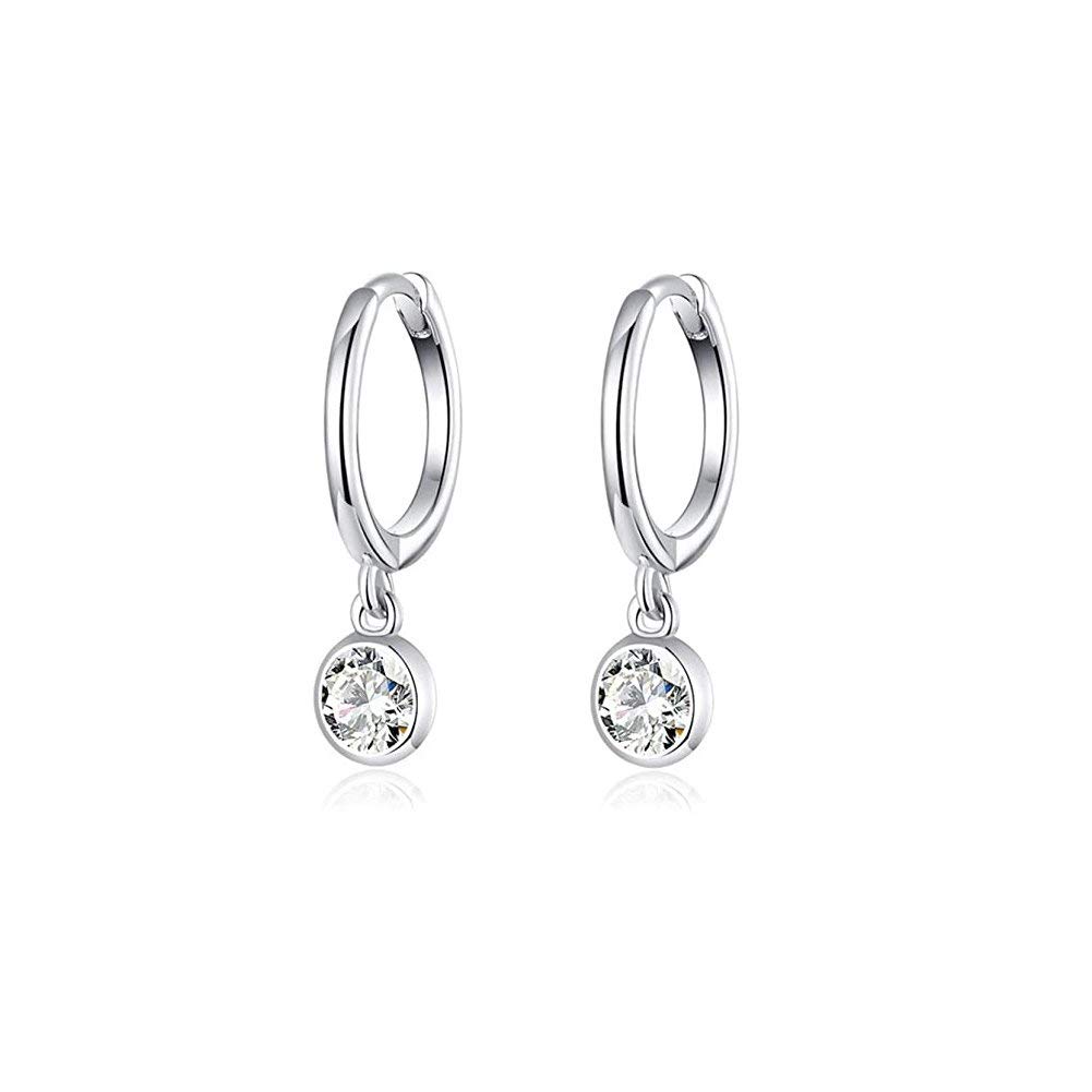 CZ Bezel Dangle Hoop Earrings for Women Girls 925 Sterling Silver Charms Minimalist Tiny Round Cubic Zirconia Drop Dangling Cartilage Helix Tragus Diamond Solicate Hypoallergenic Jewelry (Silver)