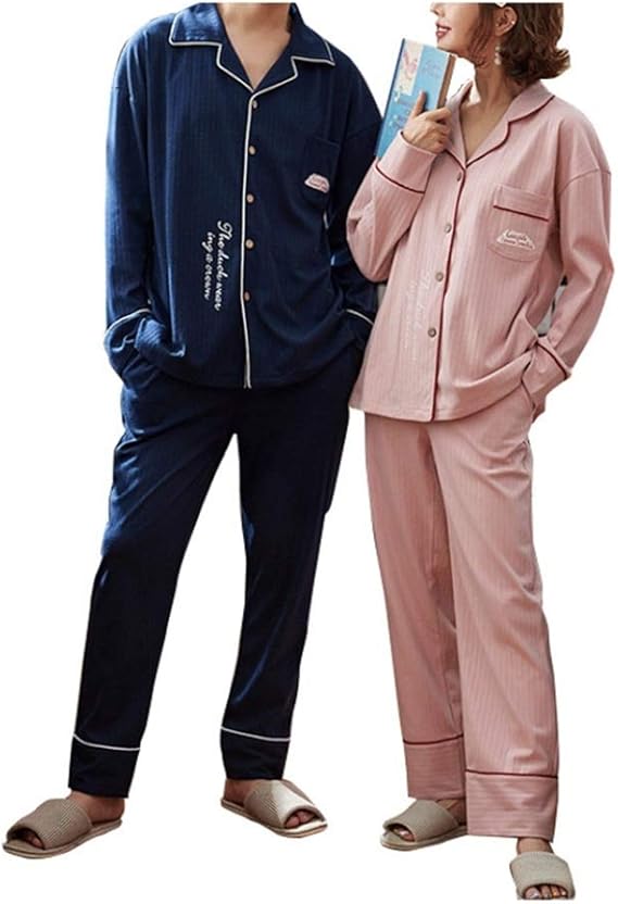 Amazon 綿ペアパジャマ カップル レディース メンズ ストライプ おしゃれ 2着セット 英語柄 Vネック 長袖 吸汗 通気 ルームウェア 部屋着 柔らかい 上下セット 春 夏 秋 寝巻き 便利服 大きいサイズ M Xxxl ピンク ブルー 結婚祝い パジャマ ルームウェアセット 通販