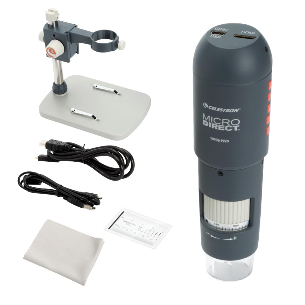 Celestron 44316 MicroDirect 1080P HDMI Handheld Digital Microscope, 10x-220x Magnification, Grey/White