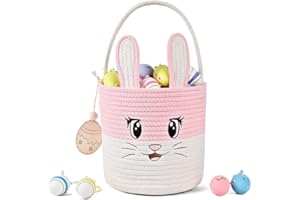 Easter Basket Cute Bunny Baskets Personalized Rabbit Bucket with Folding Handle for Egg Hunting, Embroidered Easter Bag Woven