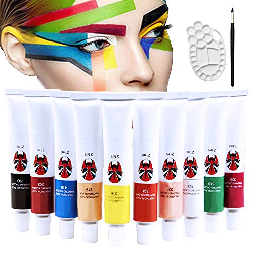 Happlee 10 Colors Face and Body Paint Set with Brush and Palette Non-Toxic Professional Facepaints Moisturizing Face Painting for Kids & Adults for Party, Halloween, Carnival(1.76 fl.oz)